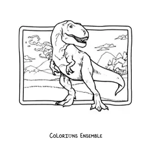 Image à colorier d'un tyrannosaure rex réaliste dans son habitat
