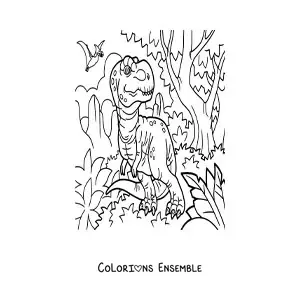 Image à colorier d'un tyrannosaure rex animé dans son habitat