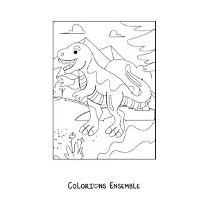 Image à colorier d'un grand T-Rex en dessin animé dans son habitat