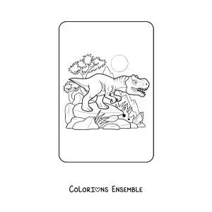 Image à colorier d'un tyrannosaure rex en dessin animé dans son habitat