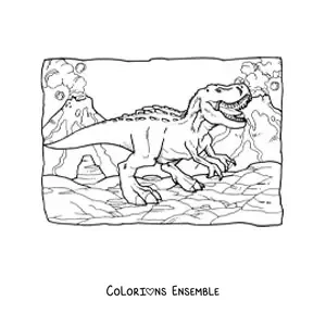 Image à colorier d'un T-Rex réaliste rugissant dans son habitat