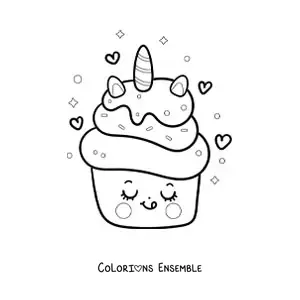 Image à colorier d'un cupcake licorne kawaii avec des cœurs