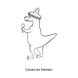 Image à colorier d'un tyrannosaure rex en dessin animé avec un sombrero mexicain