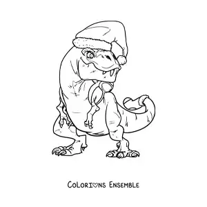 Image à colorier d'un tyrannosaure rex avec un bonnet de Noël
