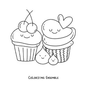 Image à colorier de deux cupcakes kawaii avec des cerises et un cœur