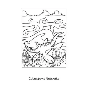 Image à colorier d'un bébé dinosaure aquatique en dessin animé dans son habitat