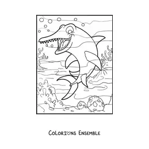 Image à colorier d'un dinosaure aquatique en dessin animé dans son habitat