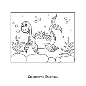 Image à colorier d'un dinosaure marin en dessin animé dans la mer