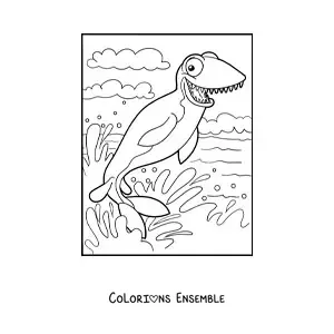 Image à colorier d'un dinosaure marin en dessin animé en train de nager