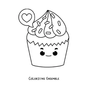 Image à colorier d'un cupcake kawaii avec un cœur