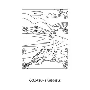 Image à colorier d'un dinosaure aquatique au long cou en dessin animé dans son habitat