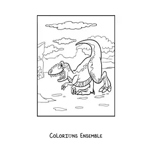 Image à colorier d'un drôle de dinosaure terrestre en dessin animé dans son habitat