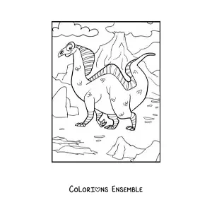 Image à colorier d'un grand dinosaure terrestre devant un volcan