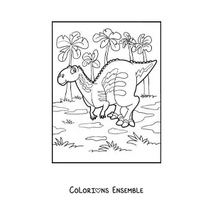 Image à colorier d'un dinosaure terrestre avec des palmiers