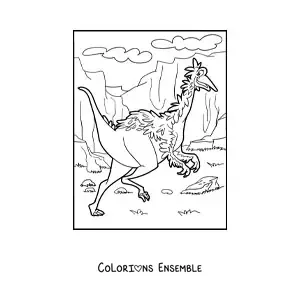 Image à colorier d'un dinosaure terrestre à plumes dans un canyon
