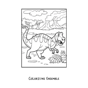 Image à colorier d'un dinosaure terrestre dans un paysage jurassique