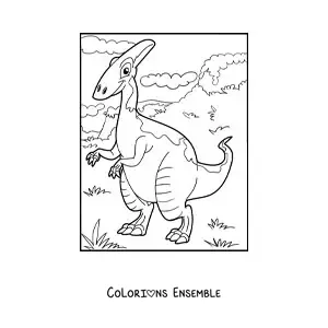 Image à colorier d'un dinosaure terrestre en dessin animé dans un paysage naturel