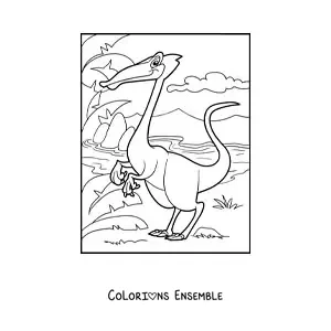Image à colorier d'un dinosaure terrestre bipède au bord d'une rivière