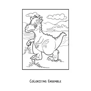 Image à colorier d'un petit dinosaure terrestre marchant dans son habitat