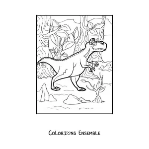 Image à colorier d'un dinosaure terrestre carnivore dans la jungle