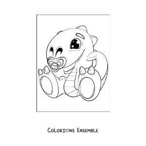 Image à colorier d'un bébé dinosaure kawaii avec une tétine