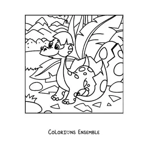 Image à colorier d'un bébé dinosaure en dessin animé sortant de son œuf dans la jungle