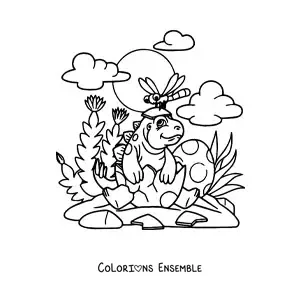 Image à colorier d'un bébé dinosaure en dessin animé sortant de son œuf