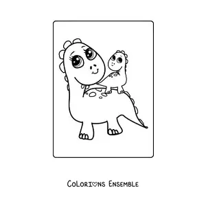 Image à colorier d'un bébé dinosaure kawaii dans un panier