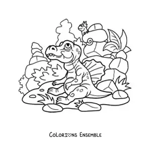 Image à colorier d'un bébé dinosaure marchant dans son habitat