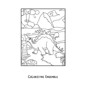 Image à colorier d'un bébé dinosaure en dessin animé mangeant des bonbons avec sa maman