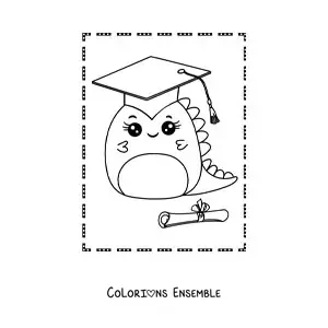 Image à colorier d'un bébé dinosaure kawaii jeune diplômé avec un diplôme et une toque