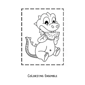Image à colorier d'un bébé dinosaure en dessin animé mangeant de la pastèque