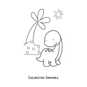 Image à colorier d'un joli bébé dinosaure au long cou dans son habitat