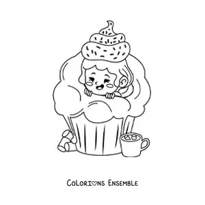 Image à colorier d'une fille à l'intérieur d'un cupcake avec du glaçage sur la tête