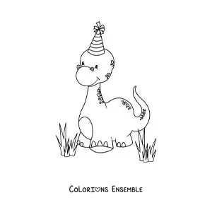 Image à colorier de jolis bébés dinosaures au long cou avec un chapeau d'anniversaire