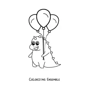Image à colorier d'un bébé dinosaure kawaii avec des ballons