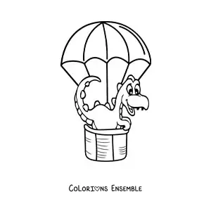 Image à colorier d'un bébé dinosaure kawaii dans une montgolfière