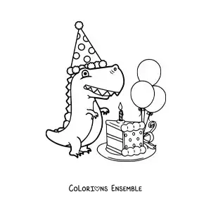 Image à colorier d'un bébé dinosaure tyrannosaure avec un gâteau d'anniversaire