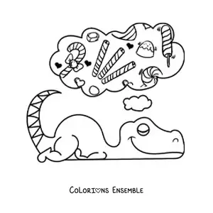 Image à colorier d'un bébé dinosaure en dessin animé endormi en train de rêver de bonbons