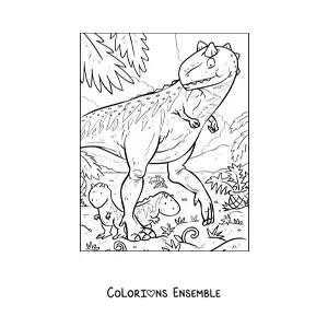 Image à colorier de bébés dinosaures réalistes avec leur maman