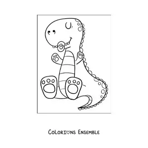 Image à colorier d’un tendre bébé dinosaure assis avec une tétine