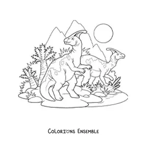Image à colorier de dinosaures herbivores réunis dans leur habitat