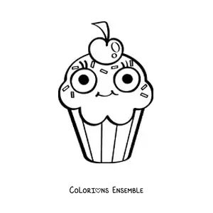 Image à colorier d'un cupcake animé avec une cerise