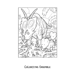 Image à colorier d’un Pachyrhinosaurus herbivore en dessin animé avec ses petits