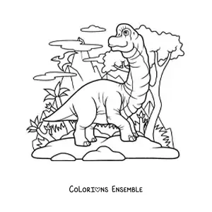 Image à colorier d’un Brachiosaurus herbivore en dessin animé dans son habitat