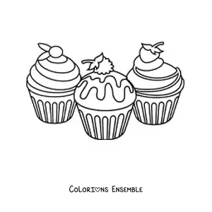Image à colorier de trois cupcakes avec du glaçage et des fruits dessus