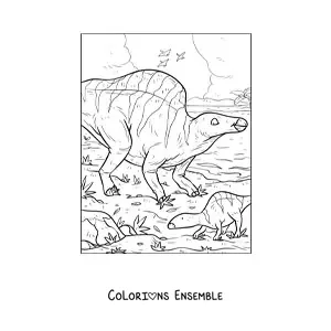 Image à colorier d’un dinosaure Morelladon herbivore en dessin animé avec ses petits