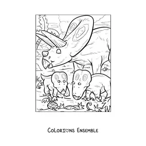 Image à colorier d’un Torosaurus herbivore en dessin animé avec ses petits