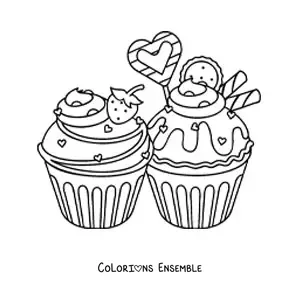 Image à colorier de deux cupcakes avec des cœurs et une fraise