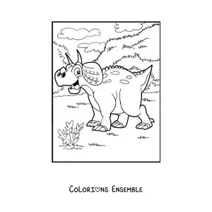 Image à colorier d’un dinosaure herbivore en dessin animé dans son habitat
